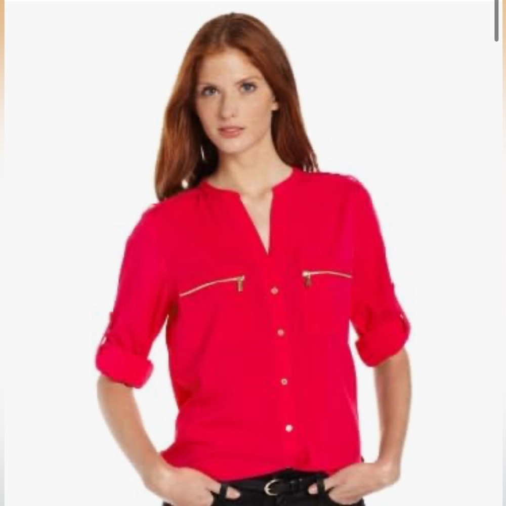 Calvin Klein Fuchsia Watermelon Split-Neck Summer Zip-Pocket Blouse M